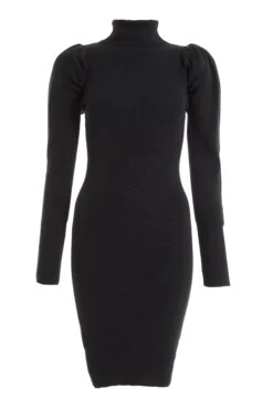 Black Knitted Puff Sleeve Dress