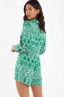 Green Satin Aztec Wrap Playsuit -Claasyoo Shop 00100037098 XB