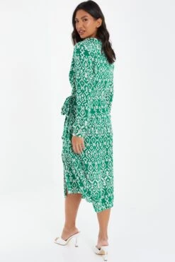 Green Satin Aztec Wrap Midi Dress -Claasyoo Shop 00100037099 XB