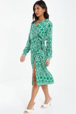 Green Satin Aztec Wrap Midi Dress -Claasyoo Shop 00100037099 XS