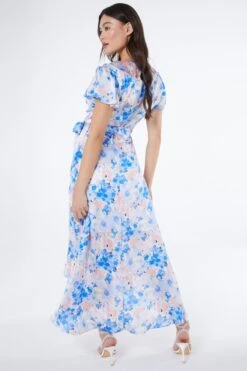 Blue Satin Floral Wrap Midaxi Dress -Claasyoo Shop 00100037132 XB