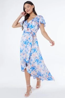 Blue Satin Floral Wrap Midaxi Dress -Claasyoo Shop 00100037132 XS