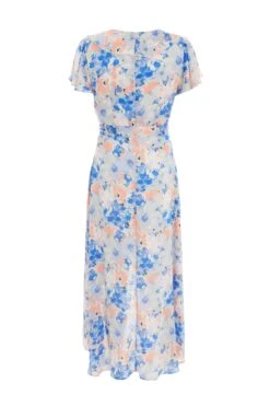 Blue Satin Floral Wrap Midaxi Dress -Claasyoo Shop 00100037132 ZB