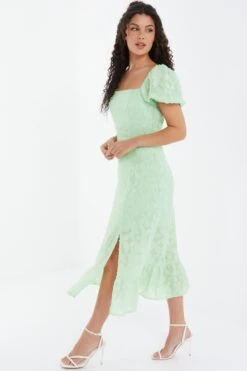 Sage Jacquard Puff Sleeve Midi Dress -Claasyoo Shop 00100037183 XS