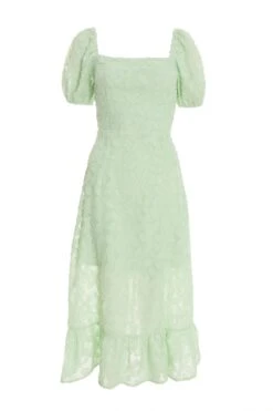 Sage Jacquard Puff Sleeve Midi Dress