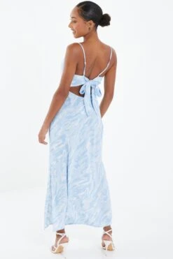 Light Blue Brush Stroke Tie Back Split Midi Dress -Claasyoo Shop 00100037202 XB