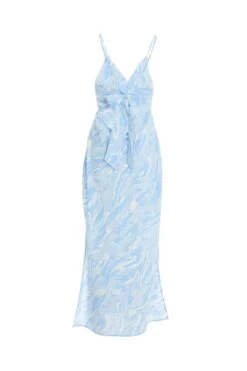Light Blue Brush Stroke Tie Back Split Midi Dress -Claasyoo Shop 00100037202 ZB
