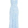 Light Blue Brush Stroke Tie Back Split Midi Dress -Claasyoo Shop 00100037202 ZM