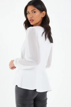 Cream Chiffon Buckle Peplum Top -Claasyoo Shop 00100037224 XB