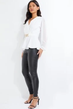 Cream Chiffon Buckle Peplum Top -Claasyoo Shop 00100037224 XS