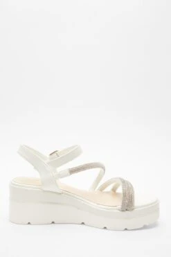 White Faux Leather Diamante Wedges -Claasyoo Shop 00100037331 ZS