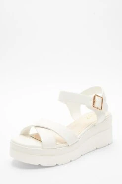 White Faux Leather Cross Strap Wedges -Claasyoo Shop 00100037333 XB