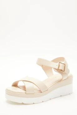 Nude Faux Leather Cross Strap Wedges -Claasyoo Shop 00100037334 XB