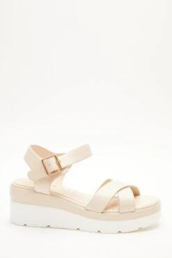 Nude Faux Leather Cross Strap Wedges -Claasyoo Shop 00100037334 XM