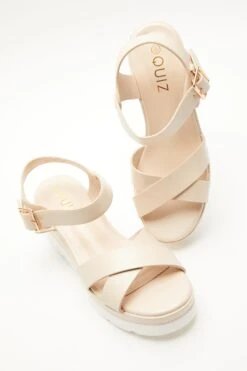 Nude Faux Leather Cross Strap Wedges -Claasyoo Shop 00100037334 XS