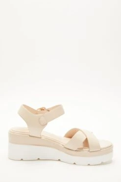 Nude Faux Leather Cross Strap Wedges -Claasyoo Shop 00100037334 ZS