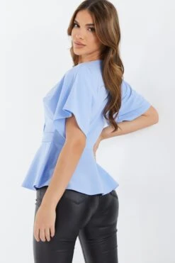 Light Blue Buckle Peplum Top -Claasyoo Shop 00100037343 XB