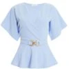 Light Blue Buckle Peplum Top -Claasyoo Shop 00100037343 ZM