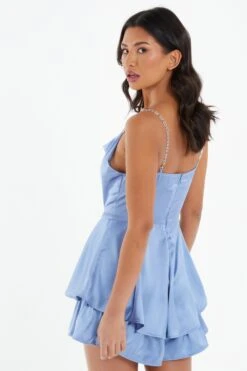 Blue Satin Diamante Frill Playsuit 10 Blue Satin Diamante Frill Playsuit -Claasyoo Shop 00100037355 XB