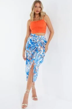 Blue Satin Aztec Print Ruched Midi Skirt -Claasyoo Shop 00100037357 XM