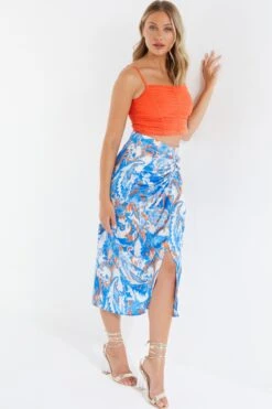 Blue Satin Aztec Print Ruched Midi Skirt -Claasyoo Shop 00100037357 XS