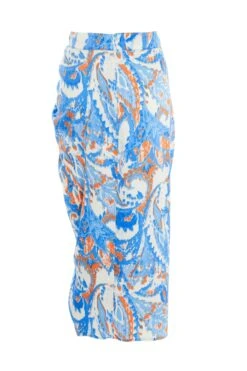 Blue Satin Aztec Print Ruched Midi Skirt -Claasyoo Shop 00100037357 ZB