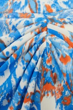 Blue Satin Aztec Print Ruched Midi Skirt -Claasyoo Shop 00100037357 ZS