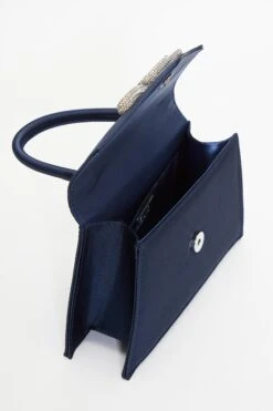 Navy Satin Diamante Bow Mini Tote Bag -Claasyoo Shop 00100037358 XS