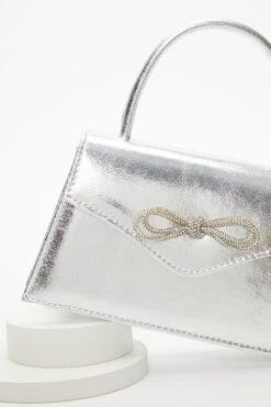 Silver Foil Diamante Bow Mini Tote Bag -Claasyoo Shop 00100037360 ZS