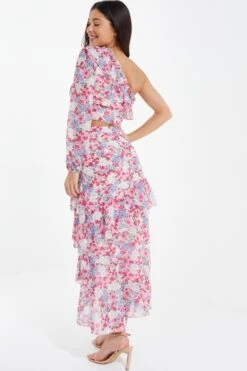 Multicoloured Chiffon Floral Frill Midi Skirt -Claasyoo Shop 00100037369 XB