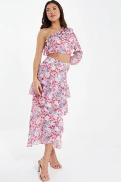Multicoloured Chiffon Floral Frill Midi Skirt -Claasyoo Shop 00100037369 XS