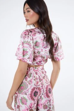 Pink Paisley Print Tie Front Crop Top -Claasyoo Shop 00100037375 XB