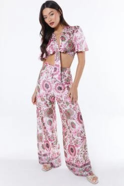 Pink Paisley Print Tie Front Crop Top -Claasyoo Shop 00100037375 XS