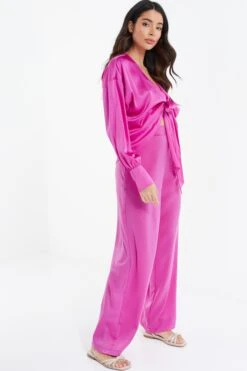 Pink Satin Tie Cropped Blouse -Claasyoo Shop 00100037376 XS