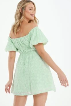 Sage Green Jacquard Bardot Mini Dress 10 Sage Green Jacquard Bardot Mini Dress -Claasyoo Shop 00100037378 XB