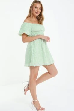 Sage Green Jacquard Bardot Mini Dress 11 Sage Green Jacquard Bardot Mini Dress -Claasyoo Shop 00100037378 XS