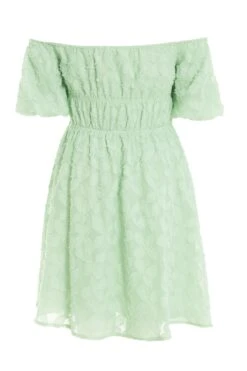 Sage Green Jacquard Bardot Mini Dress 12 Sage Green Jacquard Bardot Mini Dress -Claasyoo Shop 00100037378 ZB