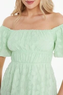 Sage Green Jacquard Bardot Mini Dress 13 Sage Green Jacquard Bardot Mini Dress -Claasyoo Shop 00100037378 ZS