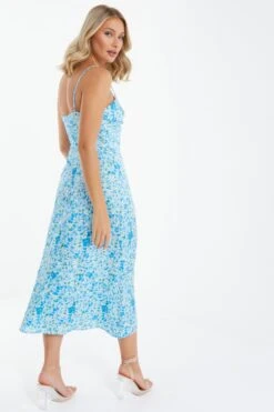 Blue Floral Knot Front Midi Dress -Claasyoo Shop 00100037426 XB