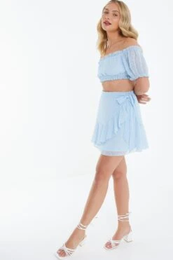 Blue Chiffon Dobby Frill Mini Skirt -Claasyoo Shop 00100037441 XS