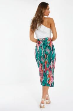 Green Satin Marble Print Ruched Midi Skirt -Claasyoo Shop 00100037460 XB