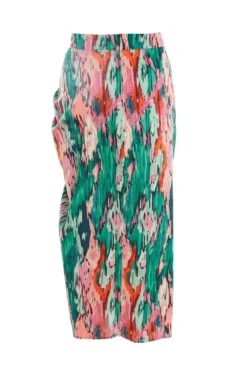 Green Satin Marble Print Ruched Midi Skirt -Claasyoo Shop 00100037460 ZB