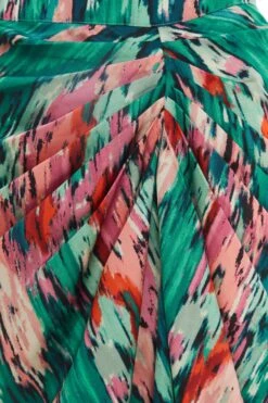 Green Satin Marble Print Ruched Midi Skirt -Claasyoo Shop 00100037460 ZS