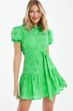 Green Embroidered Mini Shirt Dress 9 Green Embroidered Mini Shirt Dress -Claasyoo Shop 00100037475 XM