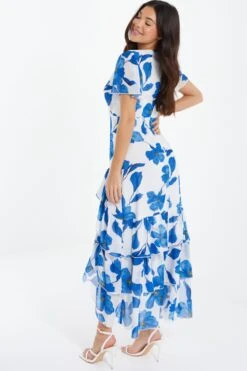 Blue Chiffon Floral Wrap Midaxi Dress -Claasyoo Shop 00100037499 XB