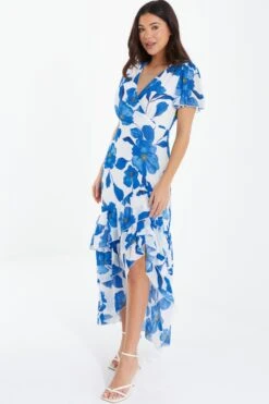 Blue Chiffon Floral Wrap Midaxi Dress -Claasyoo Shop 00100037499 XS