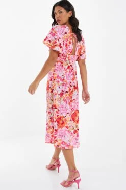 Pink Floral Wrap Midi Dress -Claasyoo Shop 00100037502 XB