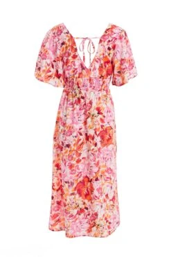 Pink Floral Wrap Midi Dress -Claasyoo Shop 00100037502 ZB