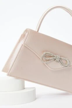 Champagne Satin Diamante Bow Mini Tote Bag -Claasyoo Shop 00100037507 ZS