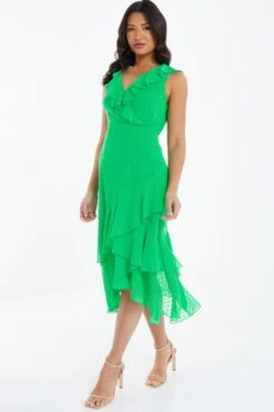 Green Chiffon Dobby Wrap Midi Dress -Claasyoo Shop 00100037558 XS